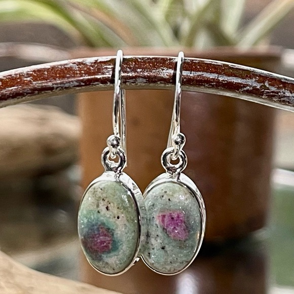 Natural Ruby in Fuchsite Sterling Silver Earrings - Picture 1 of 8